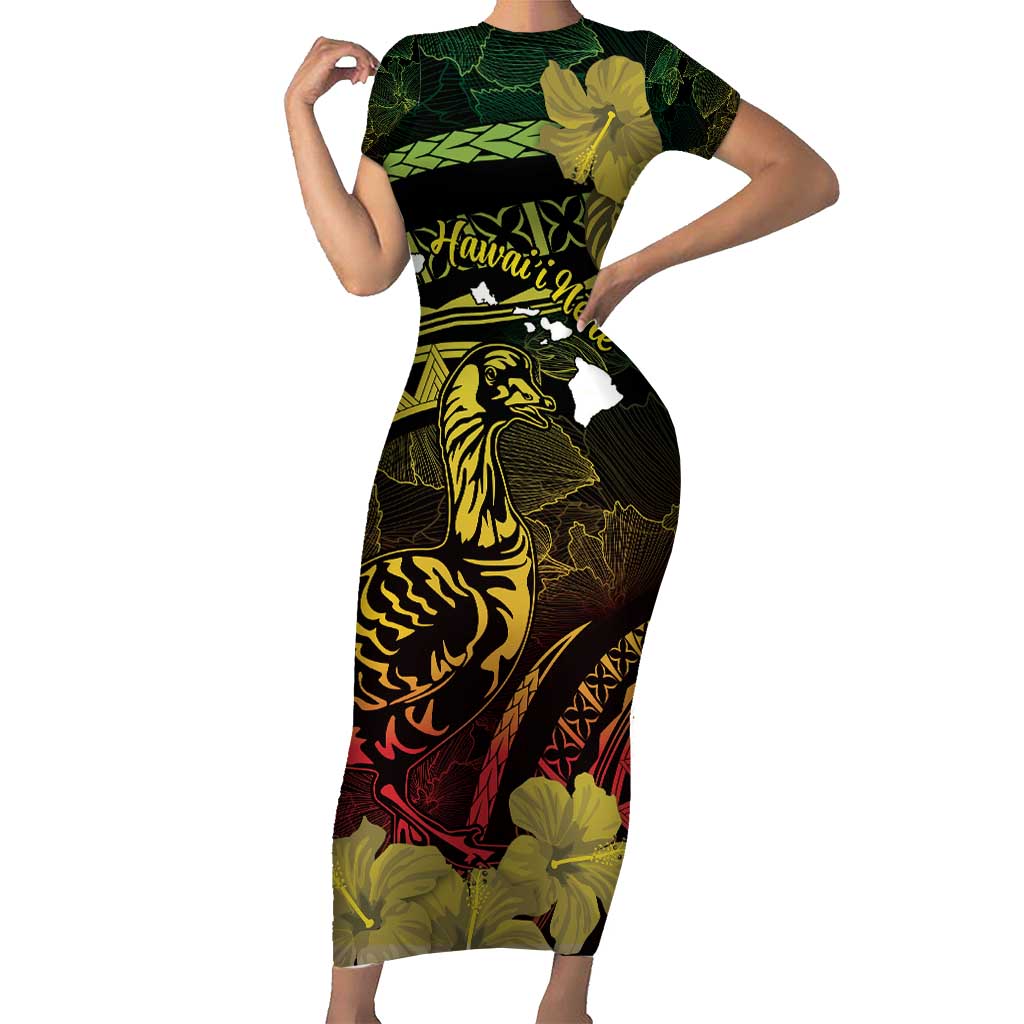 Personalised Hawaii Nene Goose Family Matching Short Sleeve Bodycon Dress and Hawaiian Shirt Hawaiian Map Hibiscus Polynesian Art - Reggae Gradient LT14 Mom's Dress Reggae - Polynesian Pride