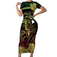 Personalised Hawaii Nene Goose Family Matching Short Sleeve Bodycon Dress and Hawaiian Shirt Hawaiian Map Hibiscus Polynesian Art - Reggae Gradient LT14 Mom's Dress Reggae - Polynesian Pride