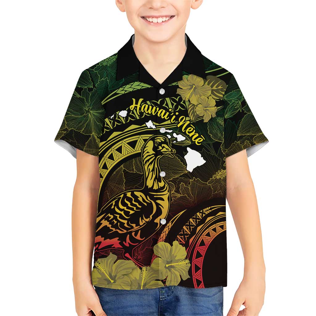 Personalised Hawaii Nene Goose Family Matching Short Sleeve Bodycon Dress and Hawaiian Shirt Hawaiian Map Hibiscus Polynesian Art - Reggae Gradient LT14 Son's Shirt Reggae - Polynesian Pride
