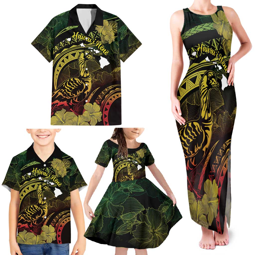 Personalised Hawaii Nene Goose Family Matching Tank Maxi Dress and Hawaiian Shirt Hawaiian Map Hibiscus Polynesian Art - Reggae Gradient LT14 - Polynesian Pride
