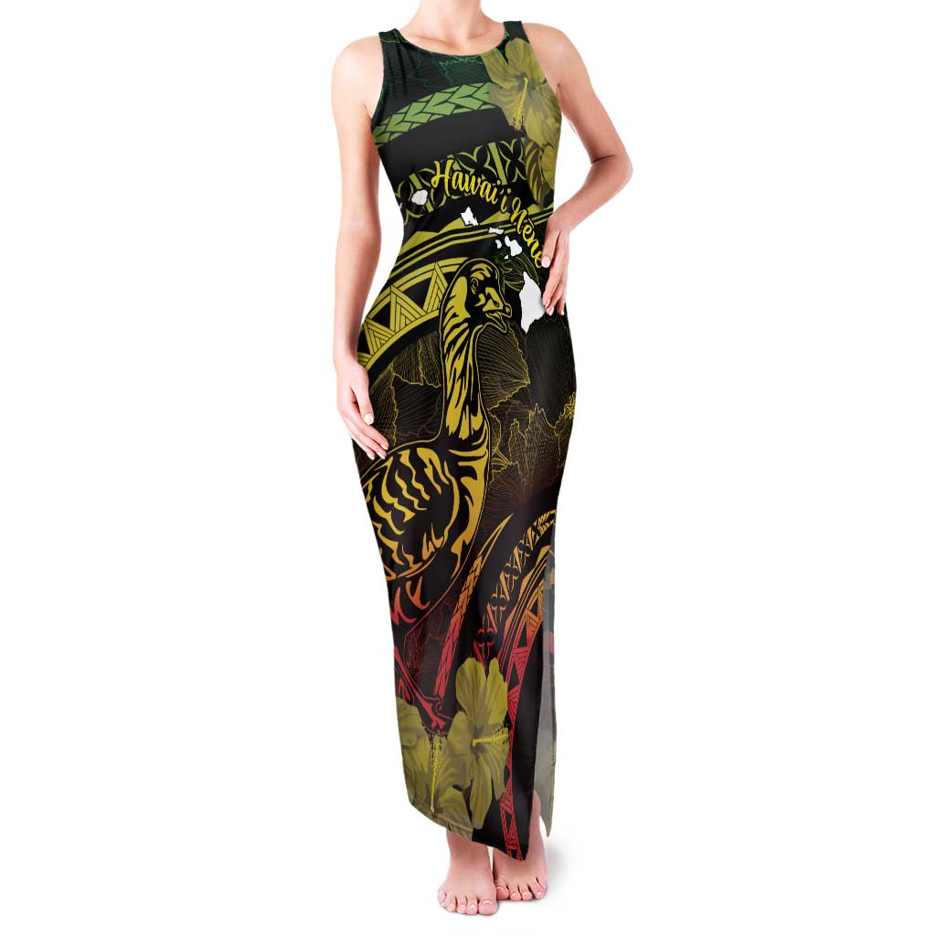 Personalised Hawaii Nene Goose Family Matching Tank Maxi Dress and Hawaiian Shirt Hawaiian Map Hibiscus Polynesian Art - Reggae Gradient LT14 Mom's Dress Reggae - Polynesian Pride