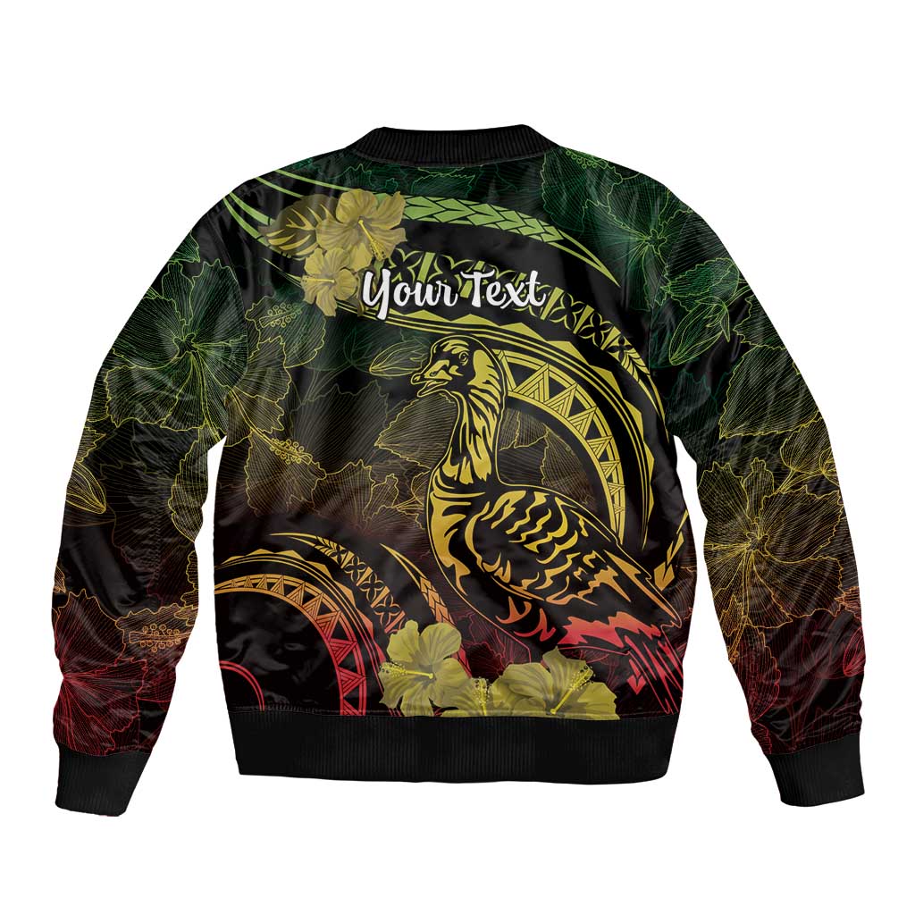 Personalised Hawaii Nene Goose Sleeve Zip Bomber Jacket Hawaiian Map Hibiscus Polynesian Art - Reggae Gradient