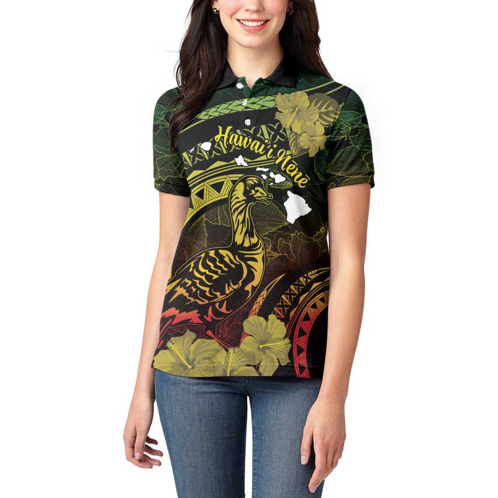 Personalised Hawaii Nene Goose Women Polo Shirt Hawaiian Map Hibiscus Polynesian Art - Reggae Gradient