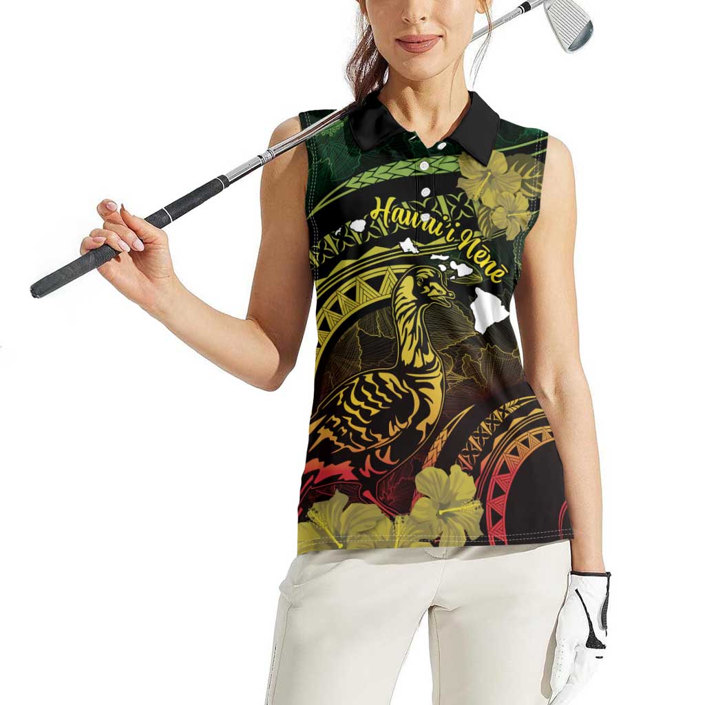 Personalised Hawaii Nene Goose Women Sleeveless Polo Shirt Hawaiian Map Hibiscus Polynesian Art - Reggae Gradient