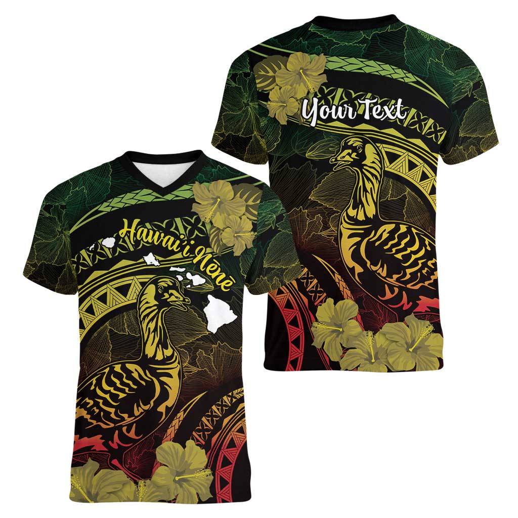 Personalised Hawaii Nene Goose Women V-Neck T-Shirt Hawaiian Map Hibiscus Polynesian Art - Reggae Gradient