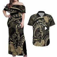 Personalised Hawaii Nene Goose Couples Matching Off Shoulder Maxi Dress and Hawaiian Shirt Hawaiian Map Hibiscus Polynesian Art - Beige