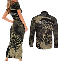Personalised Hawaii Nene Goose Couples Matching Short Sleeve Bodycon Dress and Long Sleeve Button Shirt Hawaiian Map Hibiscus Polynesian Art - Beige