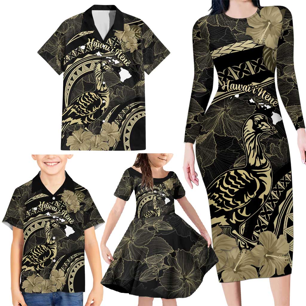 Personalised Hawaii Nene Goose Family Matching Long Sleeve Bodycon Dress and Hawaiian Shirt Hawaiian Map Hibiscus Polynesian Art - Beige LT14 - Polynesian Pride