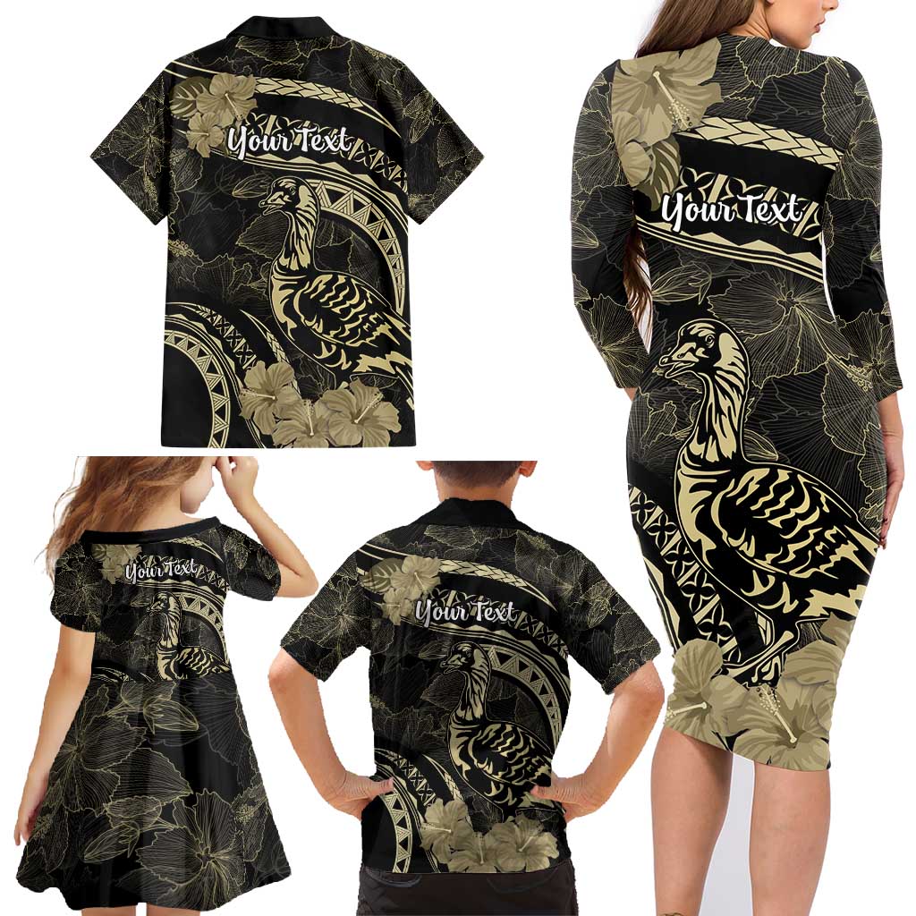 Personalised Hawaii Nene Goose Family Matching Long Sleeve Bodycon Dress and Hawaiian Shirt Hawaiian Map Hibiscus Polynesian Art - Beige LT14 - Polynesian Pride