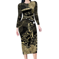 Personalised Hawaii Nene Goose Family Matching Long Sleeve Bodycon Dress and Hawaiian Shirt Hawaiian Map Hibiscus Polynesian Art - Beige LT14 Mom's Dress Beige - Polynesian Pride