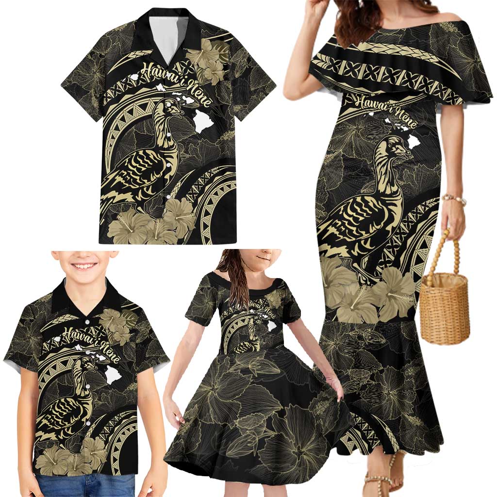 Personalised Hawaii Nene Goose Family Matching Mermaid Dress and Hawaiian Shirt Hawaiian Map Hibiscus Polynesian Art - Beige LT14 - Polynesian Pride