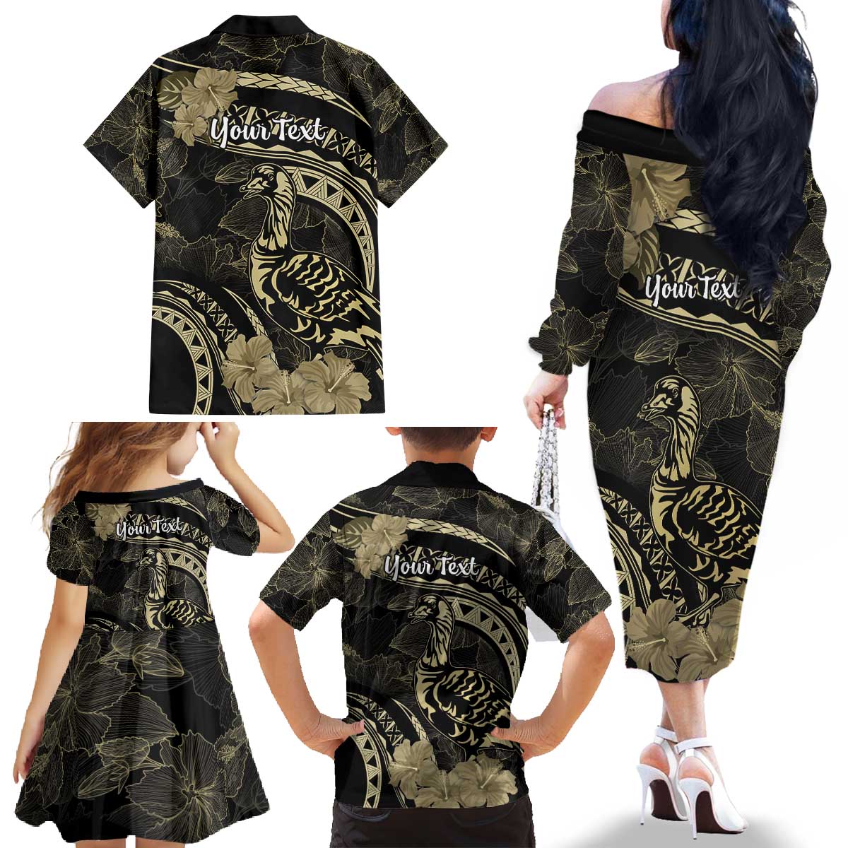 Personalised Hawaii Nene Goose Family Matching Off The Shoulder Long Sleeve Dress and Hawaiian Shirt Hawaiian Map Hibiscus Polynesian Art - Beige LT14 - Polynesian Pride