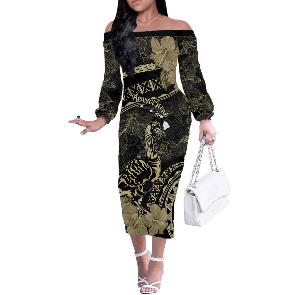 Personalised Hawaii Nene Goose Family Matching Off The Shoulder Long Sleeve Dress and Hawaiian Shirt Hawaiian Map Hibiscus Polynesian Art - Beige LT14 Mom's Dress Beige - Polynesian Pride