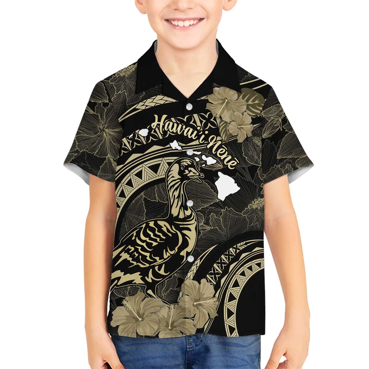 Personalised Hawaii Nene Goose Family Matching Off The Shoulder Long Sleeve Dress and Hawaiian Shirt Hawaiian Map Hibiscus Polynesian Art - Beige LT14 Son's Shirt Beige - Polynesian Pride