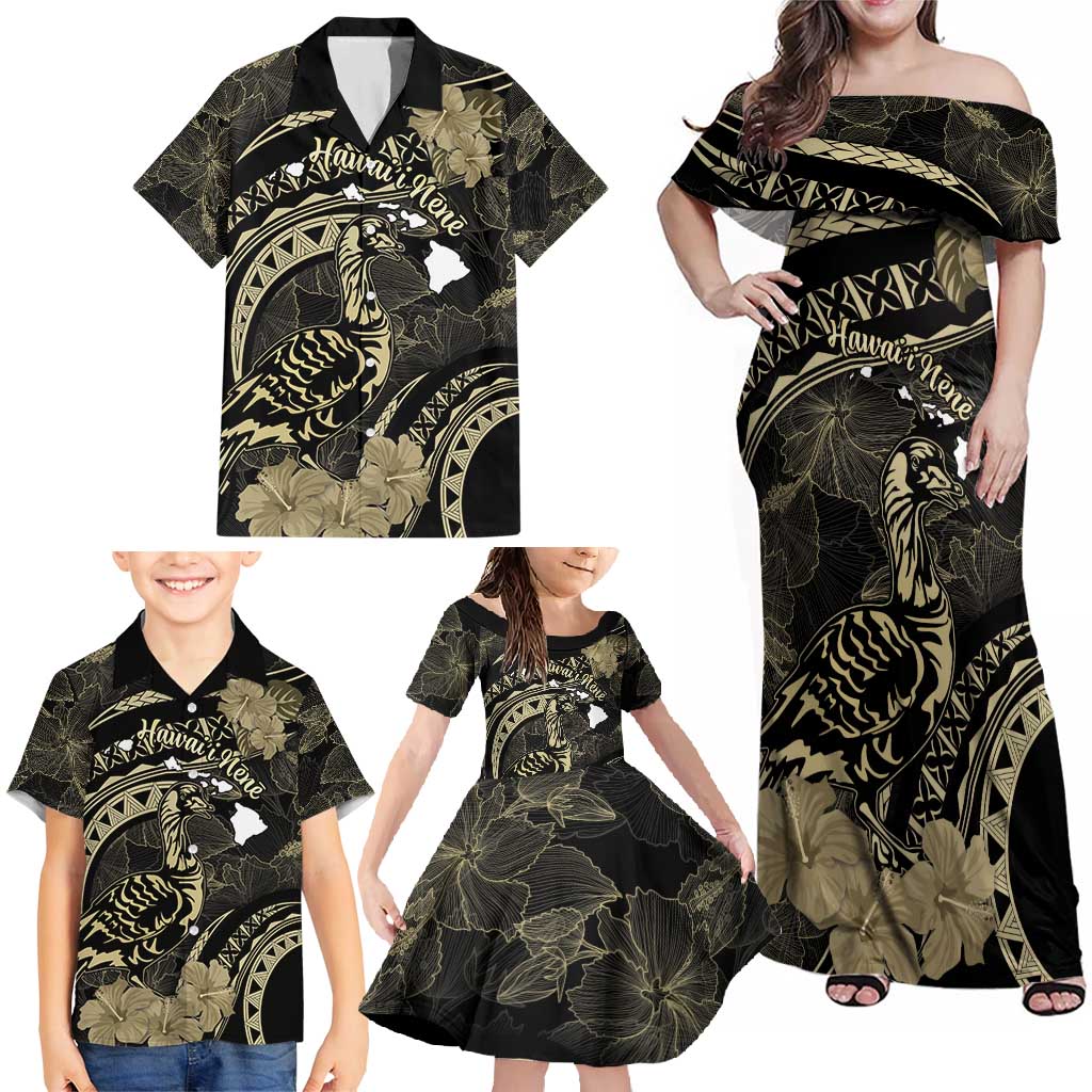 Personalised Hawaii Nene Goose Family Matching Off Shoulder Maxi Dress and Hawaiian Shirt Hawaiian Map Hibiscus Polynesian Art - Beige LT14 - Polynesian Pride