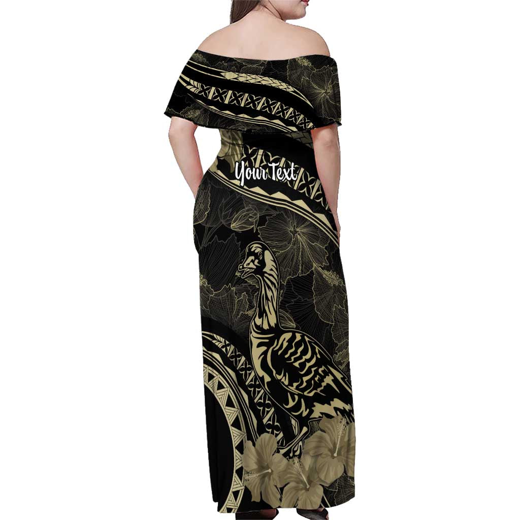 Personalised Hawaii Nene Goose Family Matching Off Shoulder Maxi Dress and Hawaiian Shirt Hawaiian Map Hibiscus Polynesian Art - Beige LT14 - Polynesian Pride
