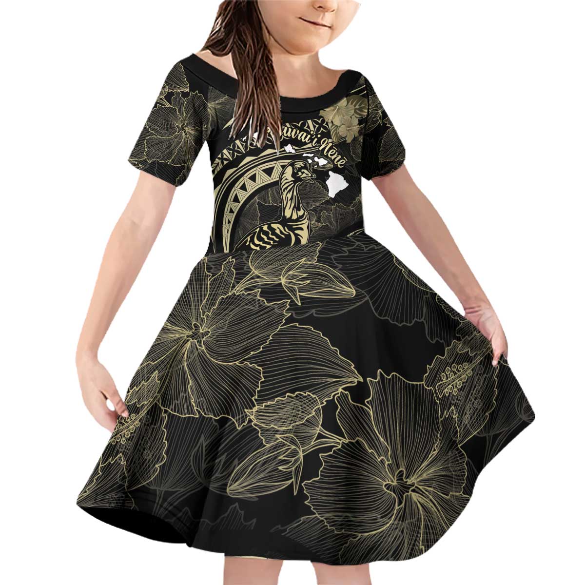 Personalised Hawaii Nene Goose Family Matching Off Shoulder Short Dress and Hawaiian Shirt Hawaiian Map Hibiscus Polynesian Art - Beige LT14 Daughter's Dress Beige - Polynesian Pride