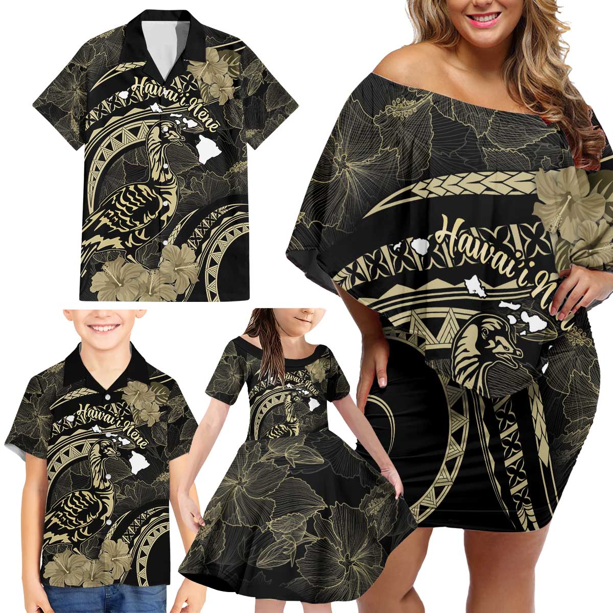 Personalised Hawaii Nene Goose Family Matching Off Shoulder Short Dress and Hawaiian Shirt Hawaiian Map Hibiscus Polynesian Art - Beige LT14 - Polynesian Pride