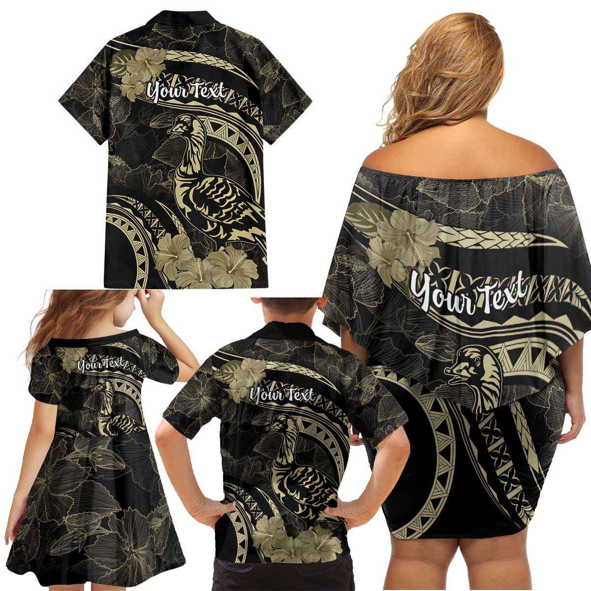 Personalised Hawaii Nene Goose Family Matching Off Shoulder Short Dress and Hawaiian Shirt Hawaiian Map Hibiscus Polynesian Art - Beige LT14 - Polynesian Pride