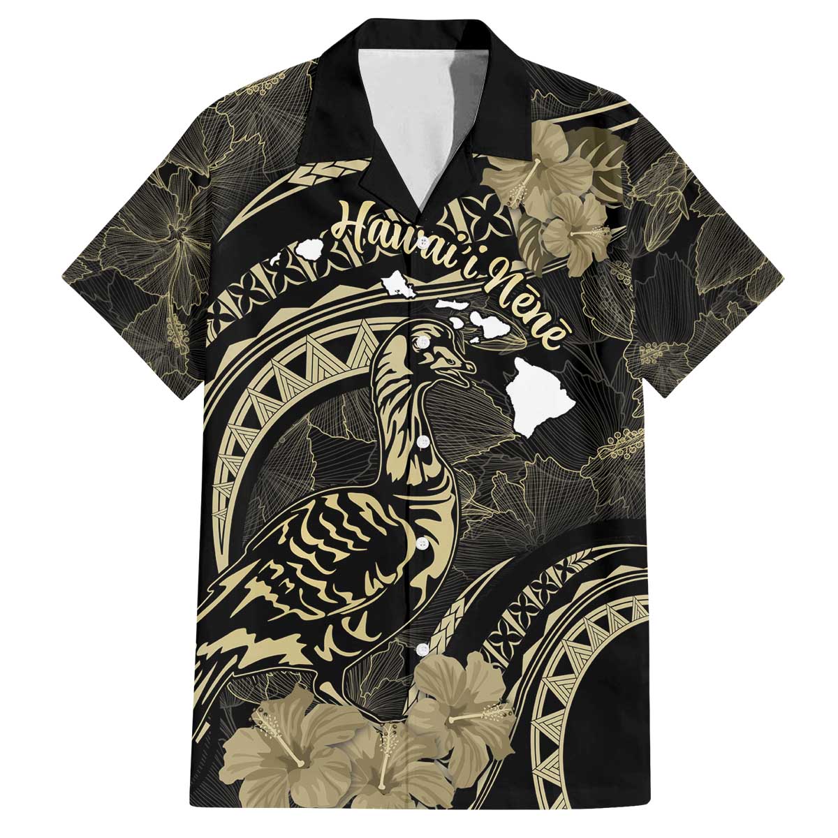 Personalised Hawaii Nene Goose Family Matching Off Shoulder Short Dress and Hawaiian Shirt Hawaiian Map Hibiscus Polynesian Art - Beige LT14 Dad's Shirt - Short Sleeve Beige - Polynesian Pride