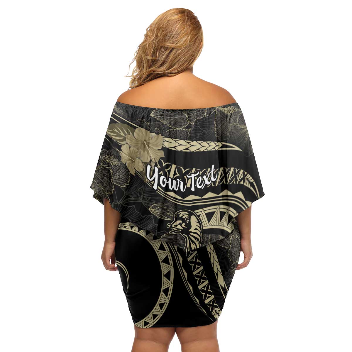 Personalised Hawaii Nene Goose Family Matching Off Shoulder Short Dress and Hawaiian Shirt Hawaiian Map Hibiscus Polynesian Art - Beige LT14 - Polynesian Pride