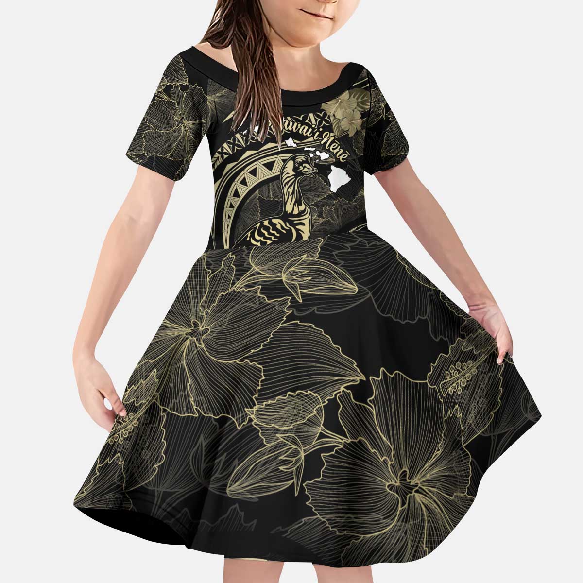 Personalised Hawaii Nene Goose Family Matching Puletasi and Hawaiian Shirt Hawaiian Map Hibiscus Polynesian Art - Beige LT14 Daughter's Dress Beige - Polynesian Pride