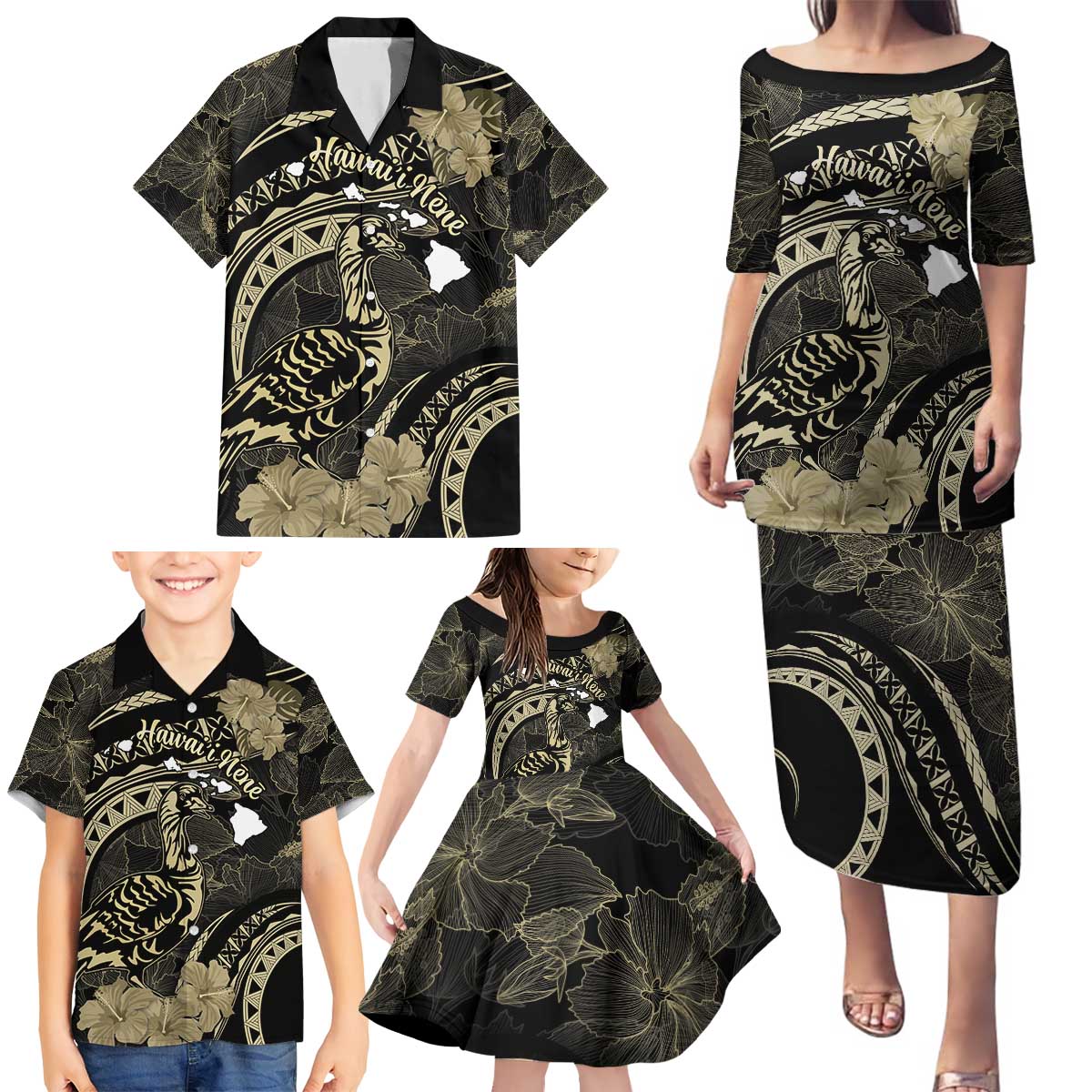 Personalised Hawaii Nene Goose Family Matching Puletasi and Hawaiian Shirt Hawaiian Map Hibiscus Polynesian Art - Beige LT14 - Polynesian Pride