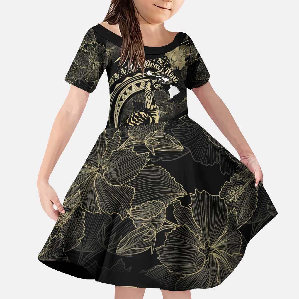 Personalised Hawaii Nene Goose Family Matching Short Sleeve Bodycon Dress and Hawaiian Shirt Hawaiian Map Hibiscus Polynesian Art - Beige LT14 Daughter's Dress Beige - Polynesian Pride