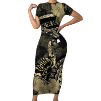 Personalised Hawaii Nene Goose Family Matching Short Sleeve Bodycon Dress and Hawaiian Shirt Hawaiian Map Hibiscus Polynesian Art - Beige LT14 Mom's Dress Beige - Polynesian Pride