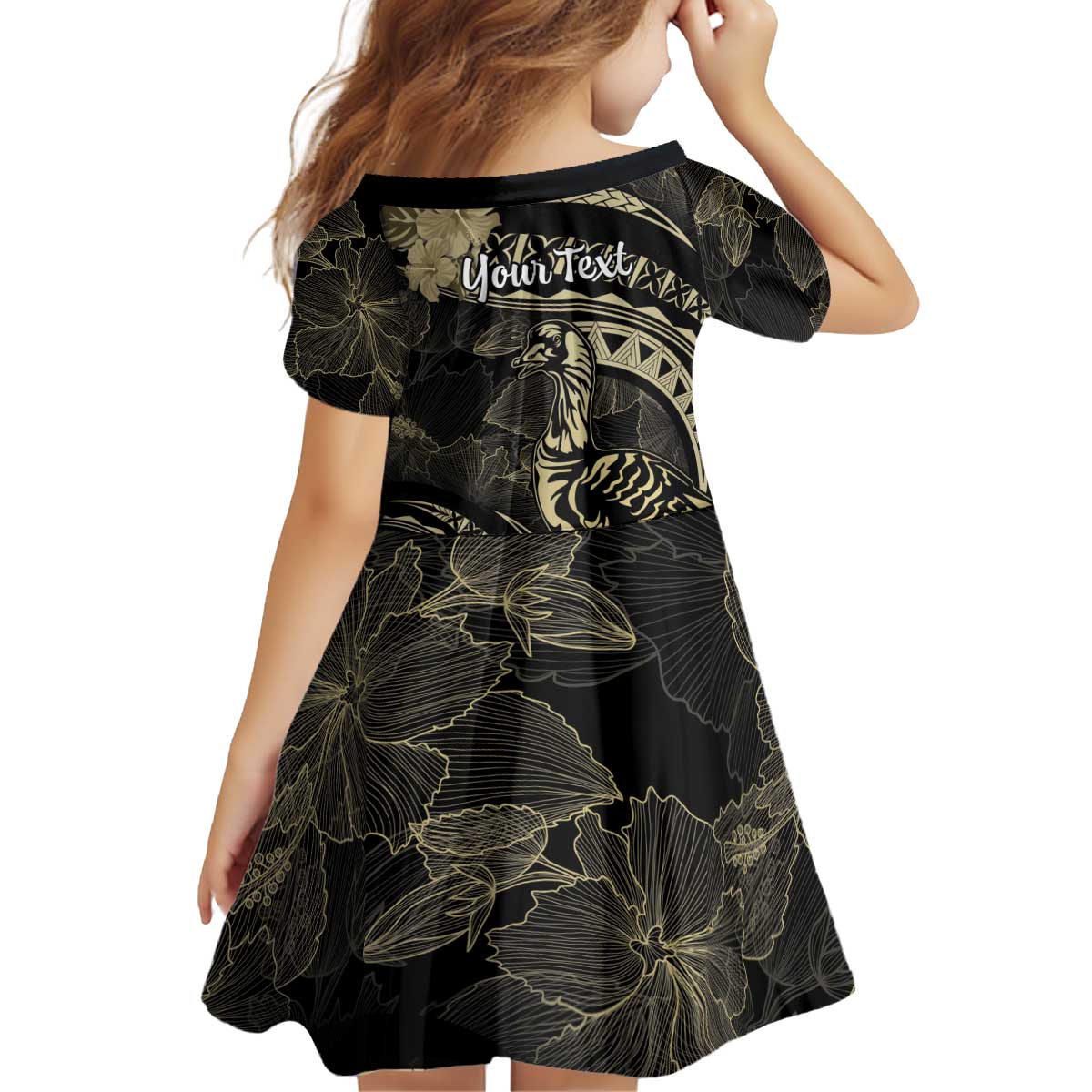 Personalised Hawaii Nene Goose Kid Short Sleeve Dress Hawaiian Map Hibiscus Polynesian Art - Beige
