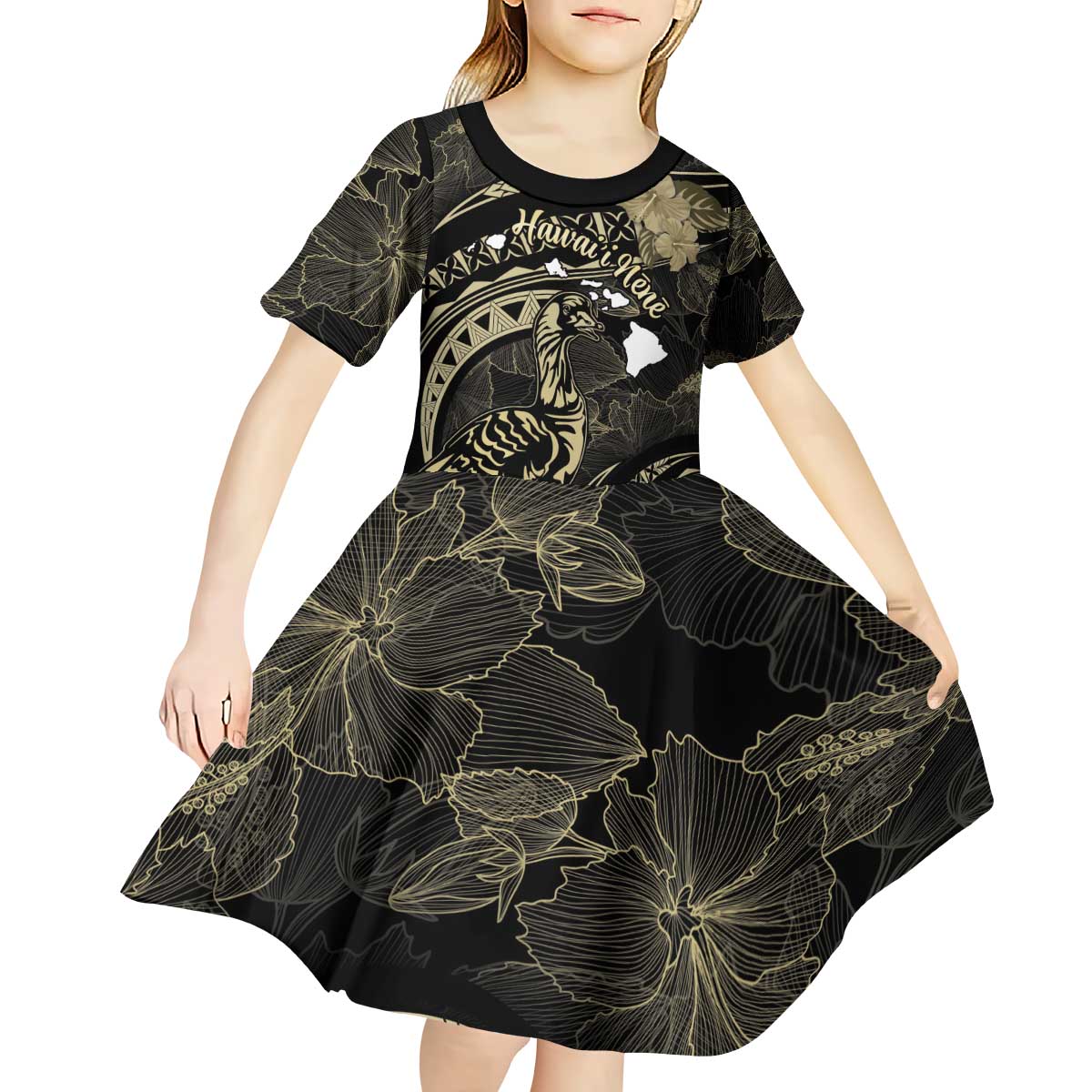 Personalised Hawaii Nene Goose Kid Short Sleeve Dress Hawaiian Map Hibiscus Polynesian Art - Beige