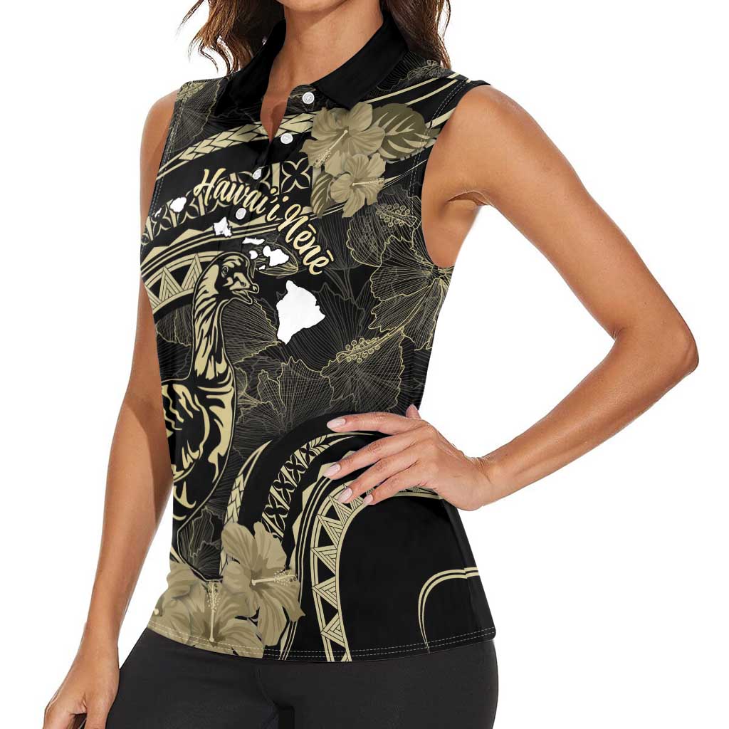 Personalised Hawaii Nene Goose Women Sleeveless Polo Shirt Hawaiian Map Hibiscus Polynesian Art - Beige