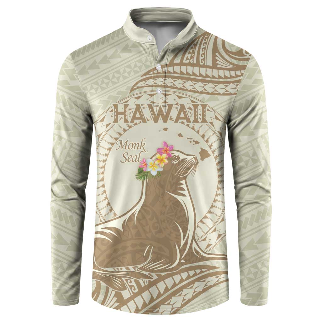 Personalised Hawaii Monk Seal Button Sweatshirt Polynesian Tattoo With Tropical Flowers - Beige Pastel