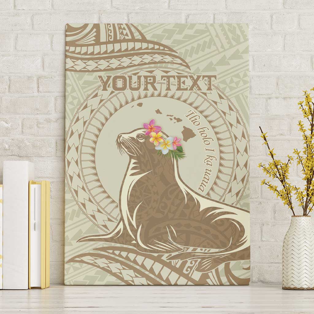 Personalised Hawaii Monk Seal Canvas Wall Art Polynesian Tattoo With Tropical Flowers - Beige Pastel