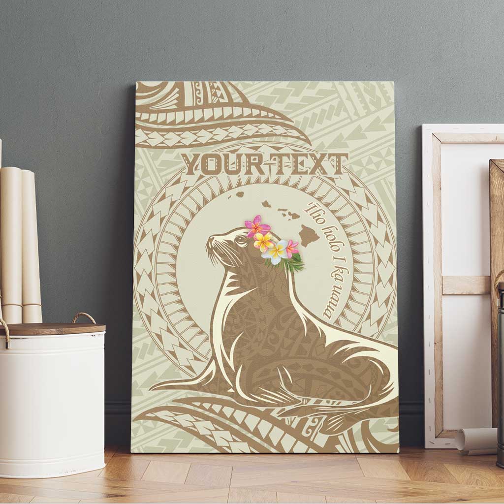 Personalised Hawaii Monk Seal Canvas Wall Art Polynesian Tattoo With Tropical Flowers - Beige Pastel