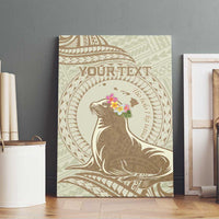 Personalised Hawaii Monk Seal Canvas Wall Art Polynesian Tattoo With Tropical Flowers - Beige Pastel