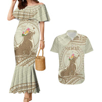 Personalised Hawaii Monk Seal Couples Matching Mermaid Dress and Hawaiian Shirt Polynesian Tattoo With Tropical Flowers - Beige Pastel LT14 Beige - Polynesian Pride