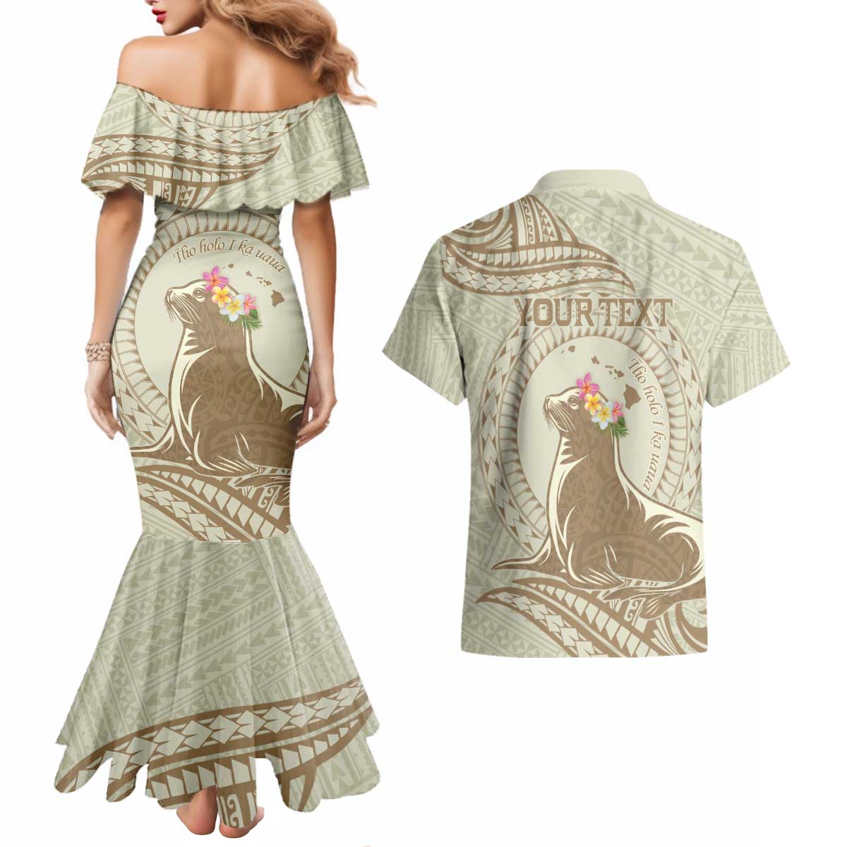 Personalised Hawaii Monk Seal Couples Matching Mermaid Dress and Hawaiian Shirt Polynesian Tattoo With Tropical Flowers - Beige Pastel LT14 - Polynesian Pride