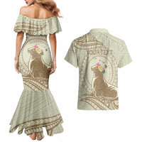 Personalised Hawaii Monk Seal Couples Matching Mermaid Dress and Hawaiian Shirt Polynesian Tattoo With Tropical Flowers - Beige Pastel LT14 - Polynesian Pride