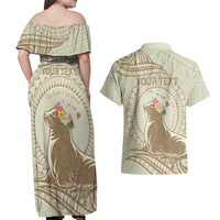 Personalised Hawaii Monk Seal Couples Matching Off Shoulder Maxi Dress and Hawaiian Shirt Polynesian Tattoo With Tropical Flowers - Beige Pastel LT14 - Polynesian Pride