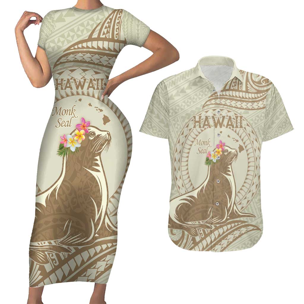 Personalised Hawaii Monk Seal Couples Matching Short Sleeve Bodycon Dress and Hawaiian Shirt Polynesian Tattoo With Tropical Flowers - Beige Pastel LT14 Beige - Polynesian Pride