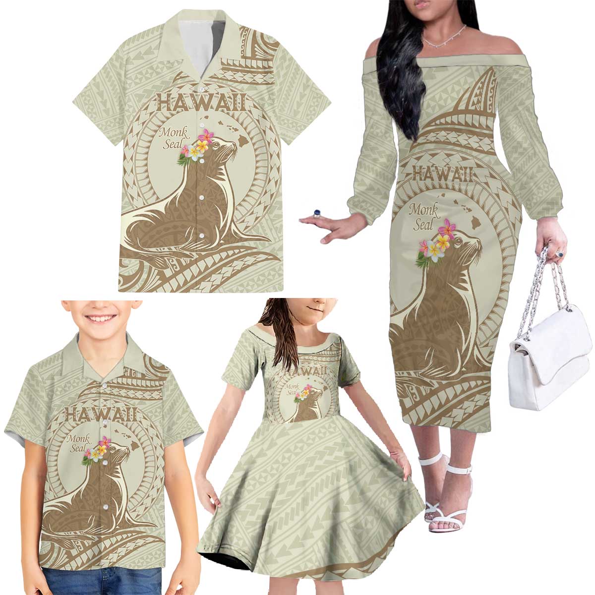 Personalised Hawaii Monk Seal Family Matching Off The Shoulder Long Sleeve Dress and Hawaiian Shirt Polynesian Tattoo With Tropical Flowers - Beige Pastel LT14 - Polynesian Pride