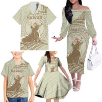 Personalised Hawaii Monk Seal Family Matching Off The Shoulder Long Sleeve Dress and Hawaiian Shirt Polynesian Tattoo With Tropical Flowers - Beige Pastel LT14 - Polynesian Pride