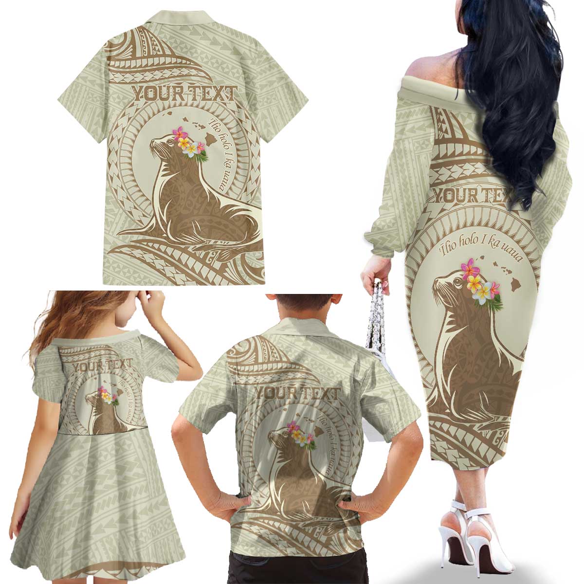 Personalised Hawaii Monk Seal Family Matching Off The Shoulder Long Sleeve Dress and Hawaiian Shirt Polynesian Tattoo With Tropical Flowers - Beige Pastel LT14 - Polynesian Pride