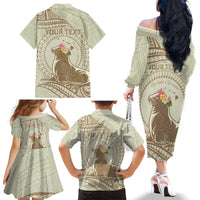 Personalised Hawaii Monk Seal Family Matching Off The Shoulder Long Sleeve Dress and Hawaiian Shirt Polynesian Tattoo With Tropical Flowers - Beige Pastel LT14 - Polynesian Pride