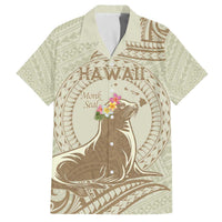 Personalised Hawaii Monk Seal Family Matching Off The Shoulder Long Sleeve Dress and Hawaiian Shirt Polynesian Tattoo With Tropical Flowers - Beige Pastel LT14 Dad's Shirt - Short Sleeve Beige - Polynesian Pride
