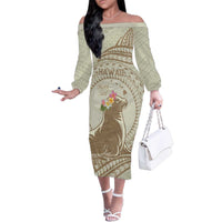 Personalised Hawaii Monk Seal Family Matching Off The Shoulder Long Sleeve Dress and Hawaiian Shirt Polynesian Tattoo With Tropical Flowers - Beige Pastel LT14 Mom's Dress Beige - Polynesian Pride