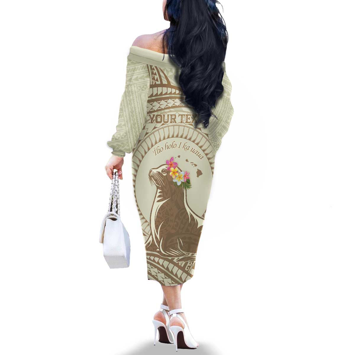 Personalised Hawaii Monk Seal Family Matching Off The Shoulder Long Sleeve Dress and Hawaiian Shirt Polynesian Tattoo With Tropical Flowers - Beige Pastel LT14 - Polynesian Pride