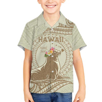 Personalised Hawaii Monk Seal Family Matching Off The Shoulder Long Sleeve Dress and Hawaiian Shirt Polynesian Tattoo With Tropical Flowers - Beige Pastel LT14 Son's Shirt Beige - Polynesian Pride