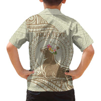 Personalised Hawaii Monk Seal Family Matching Off Shoulder Short Dress and Hawaiian Shirt Polynesian Tattoo With Tropical Flowers - Beige Pastel LT14 - Polynesian Pride